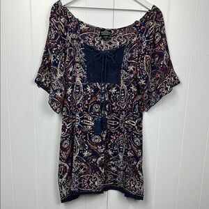 Angie Womens Top L Navy Wine Red Stretch Neckline Lace Front Ties/Tassels Loose